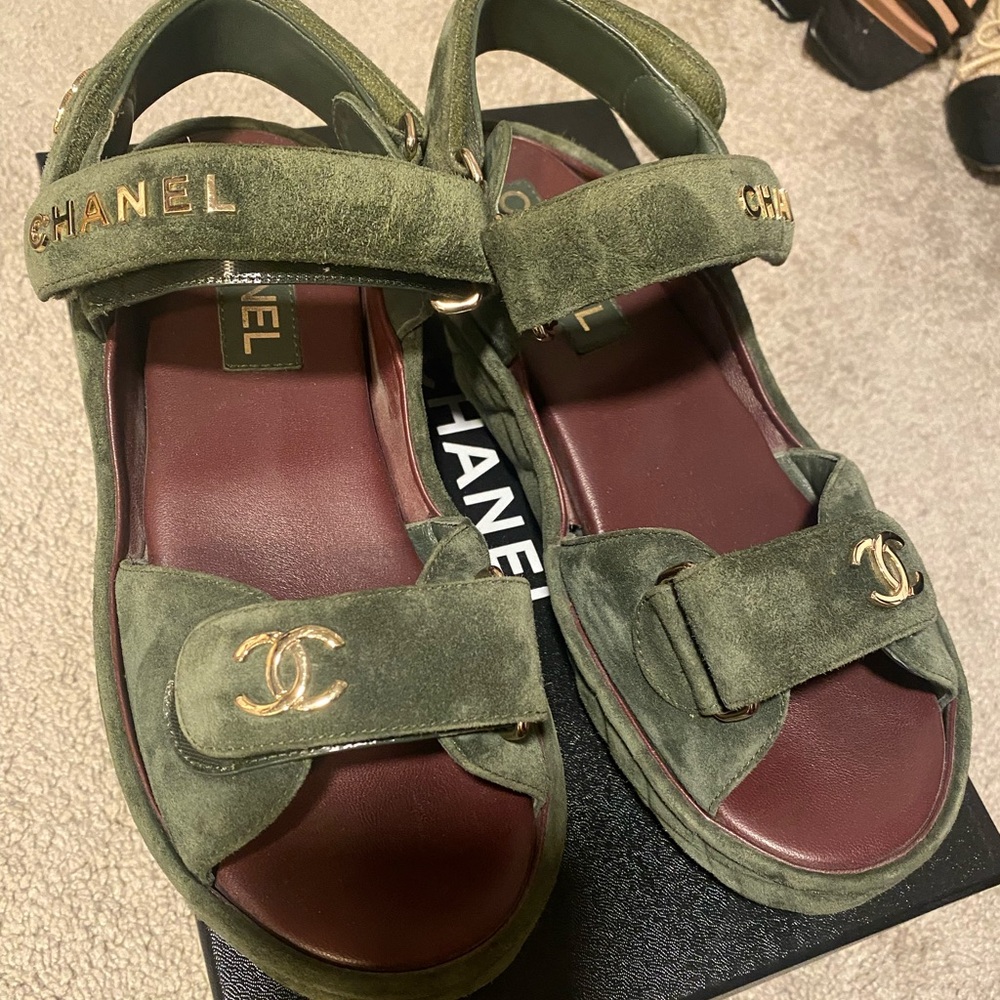 CHANEL Green Dad Suede Sandals with Gold Details